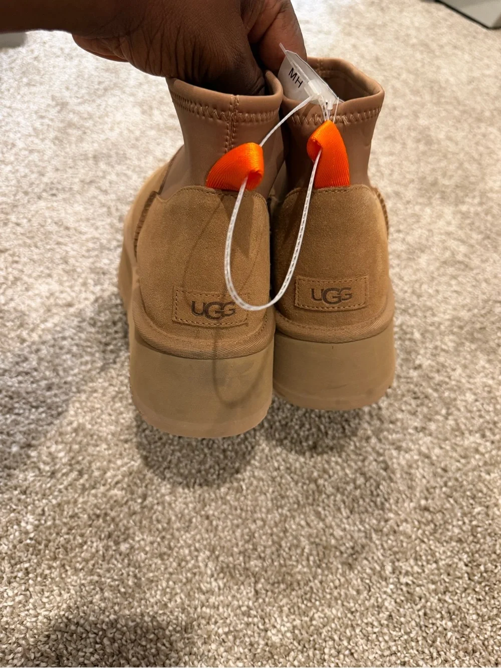 UGG Women's Tan Suede Platform Ankle Booties with Orange Pull Tab
